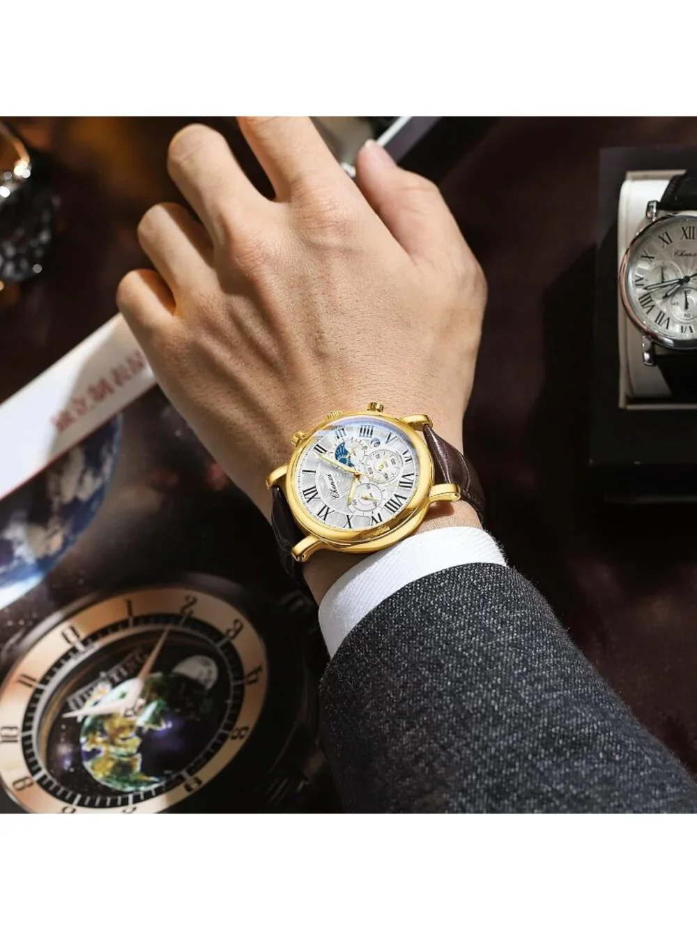 Men White Brown Leather Multifunctional Military Sports Analog Chronograph Watch
